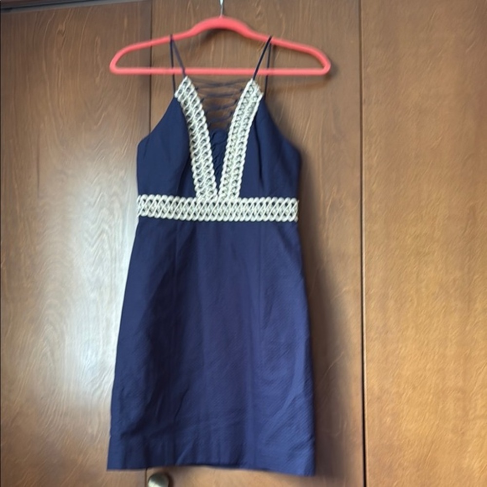 Lily Pulitzer NWT Sz 0 $198 Cross Strap Navy Blue Dress with Gold Lace Detail